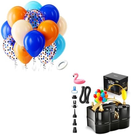 Bezente Orange and Blue Balloons Kit, 60pcs 12 inch Light Royal Blue Nude Latex Balloons Orange Confetti Helium Balloons and Electric Balloon Pump Multiple by Bezente