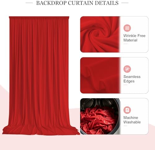 20ft x 10ft Red Wrinkle-Free Backdrop Curtains, Fabric Photo Drapes for Christmas Party Valentine’s Day New Year Patriotic Holidays 4th of July Birthday Photography Background - Image 3