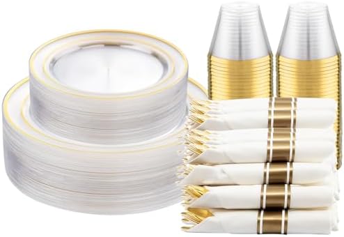 DaYammi 210PCS Clear Gold Plastic Dinnerware Set for 30 Guests by DaYammiwillaccompanyyou