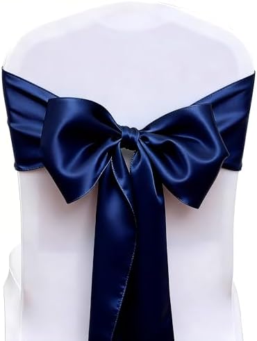 Pack of 50 Satin Navy Blue Chair Bows Sashes 7 X 108 Inch Universal Navy Chairs Ribbons for Wedding Anniversary Ceremony Birthday Party Engagement Banquet Restaurant Event Decorations by ZSJFMF