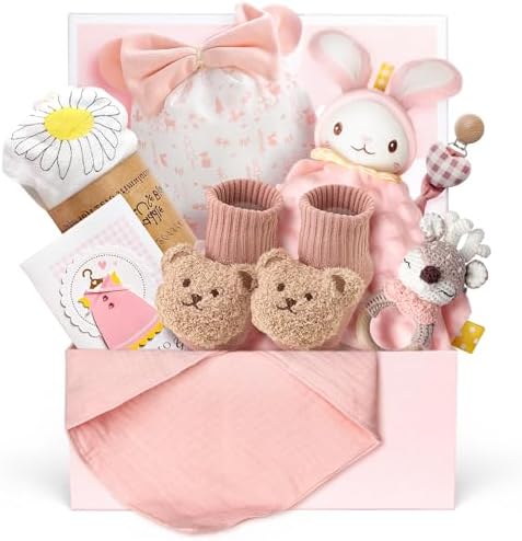 Strawberry Fairy 10 PCS Baby Gift Set for Girls, Newborn Essentials Stuff Baby Girl Gifts, Baby Girl Gift Basket, Gender Reveal Gifts Basket with Rattle Swaddle Blanket by StrawberryFairy