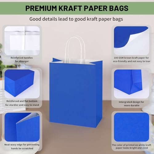Mlyta 100 Pack 8x4.75x10 Inch Medium Royal Blue Kraft Paper Gift Bags with Handles Bulk for Goodie, Party Favor Brithday Grocery Shopping Business Wedding Retail Craft Treat To Go, Merchandise Sacks - Image 4