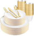 WDF 150Pcs White and Gold Plastic Plates - Gold Plates Disposable-25 Guest Disposable Dinnerware Include 25 Dinner Plate 25 Dessert Plate 25 Cutlery 25 9oz Cups for Wedding/Birthday/Thanksgiving by WDF