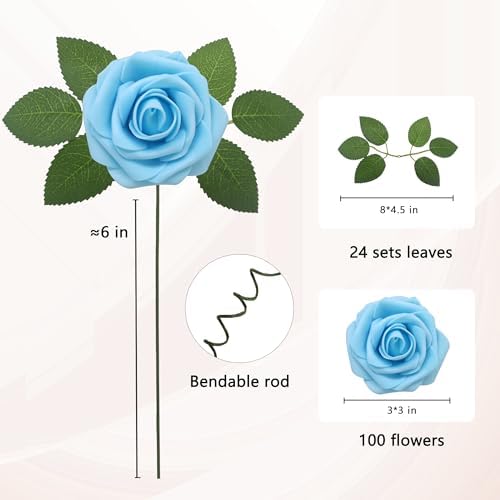 100Pcs Light Blue Artificial Flowers Realistic Roses, Real Looking Fake Roses with Stem for DIY Wedding Bouquets Centerpieces Bridal Shower Party Home Romantic Decorations (Light Blue, 100pcs) - Image 2