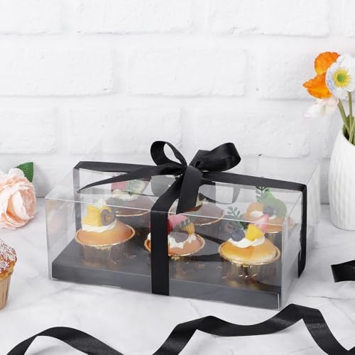EUSOAR Cupcake Boxes, 18 Pack Black Plastic Bakery Mini Cake Pastry Containers 6 Count with Gift Ribbon, Rectangle Dessert Muffins Holder Disposable Cake Carrier for Wedding Party Favor Supplies - Image 5