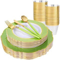 WDF 150Pcs Green Plates Disposable - Baroque Green and Gold Plates - 25Guest Plastic Dinnerware Ideal for Weding/Party/Birthday by WDF