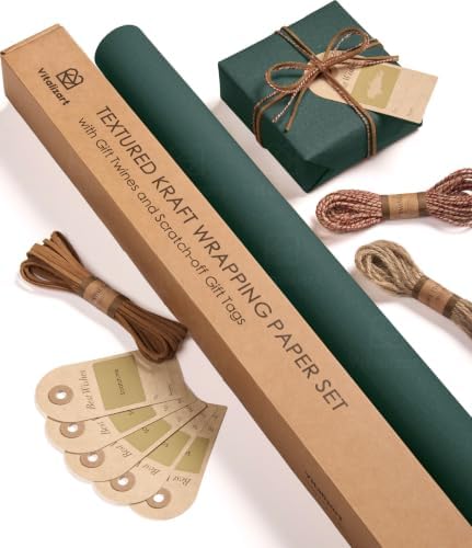Vitalizart Green Textured Wrapping Paper Set 30" With Twine Ribbons & Tags by Vitalizart