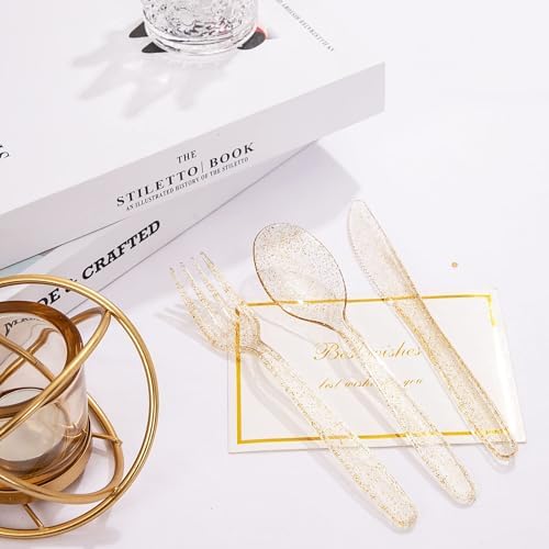 WDF 360 Gold Plastic Silverware - Disposable Gold Glitter Cutlery - Plastic Silverware inluding 120Forks, 120 Spoons, 120 Knives for Wedding/Baby Shower/Birthday - Image 3