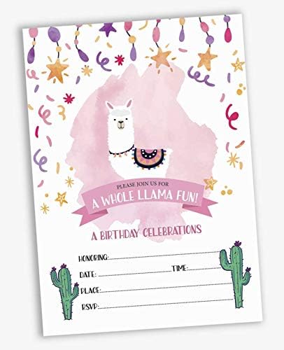 Pack of 30 Llama Kids Birthday Invitations, Boys or Girls Invite, Alpaca Cactus Sleepover Themed, Children or Toddlers Baby First or 1st Bday Theme Supplies,Fill in the Blank Cards - Image 2