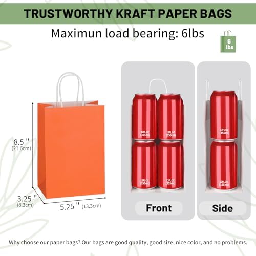 Mlyta 100 Pack 5.25x3.25x8.5 Inch Small Orange Kraft Paper Gift Bags with Handles Bulk for Goodie, Party Favor Brithday Grocery Shopping, Business Wedding Retail Craft Treat To Go, Merchandise Sacks - Image 3