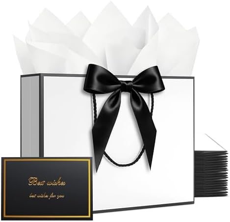 YACEYACE Gift Bags with Ribbon, 20Pack of White Gfit Bags with Bow, Card by YACEYACE