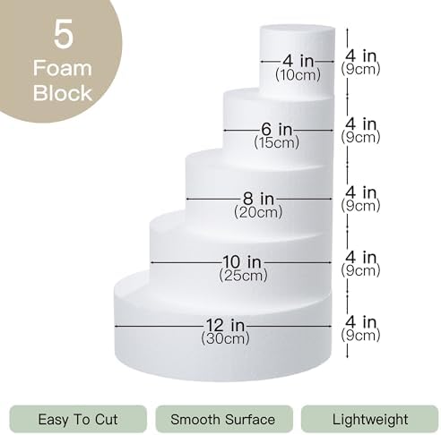 Crafare 5 Tiers Round Foam Cake Dummies Set 20 Inch Tall White Fake Cake Dummy Set 4“ 6” 8“ 10” 12“ for Wedding Supplies Baby Shower Birthday Decorating Display - Image 2