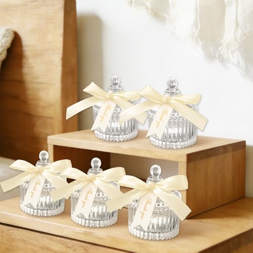 JarThenaAMCS 12 Sets Pearl Baby Shower Empty Candle Jar with with Lid Pearl Ribbon Bow Thank You Tag Candy Crystal Canister for Wedding Baby Shower Birthday Gift Supplies - Image 7
