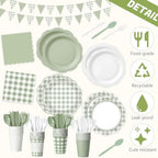Potchen 392 Pcs Sage Green Gingham Party Supplies Tableware Set Serves 48 - Image 2