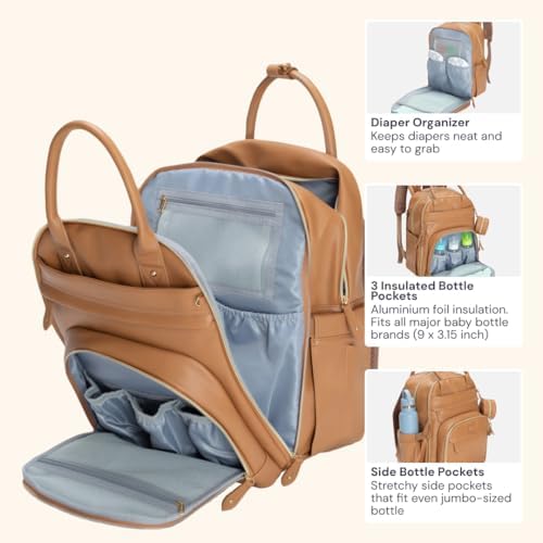 BabbleRoo Leather Diaper Bag Backpack - Baby Essentials Travel Baby Bag, Multi function, Water Resistant, with Changing Pad, Stroller Straps & Pacifier Case – Unisex, Light Brown - Image 5