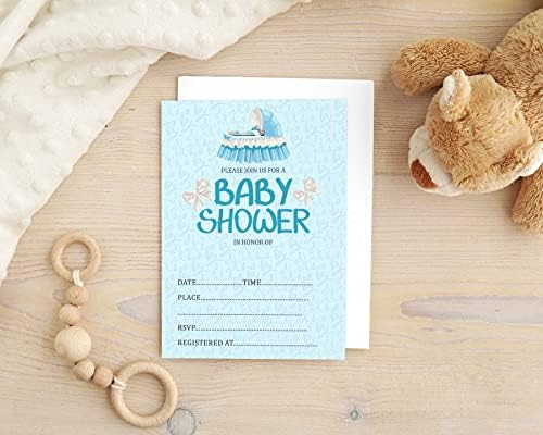Pack of 30, Boy/Boy Baby Shower Party Collection, Baby Shower Invitation Cards, Fill in the Blank Invites WIth Envelopes, Blue Baby Cot Theme Party Supplies - Image 5