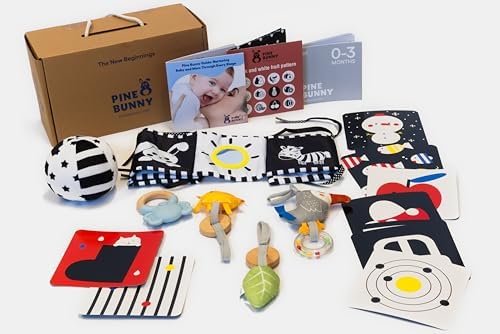 Pine Bunny Montessori 9-in-1 Newborn Sensory Toy Set for 0+ Months Plush Bed Wrap Vision Ball, Black & White Cards Mirror Bed Surround Elephant Teether Educational Learning Tummy Time Development Toys - Image 4
