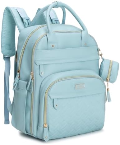 BabbleRoo Leather Diaper Bag Backpack - Baby Essentials Travel Baby Bag, Multi function, Water Resistant, with Changing Pad, Stroller Straps & Pacifier Case – Unisex, Powder Blue by BabbleRoo