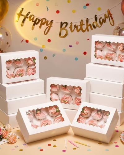 qiqee Auto-pop Up Cupcake Boxes with Window White 100PCS 6 Count Cupcake Box 9.4"x6.1"x3" Cupcakes Carrier, 6 Cupcake Containers - Image 5
