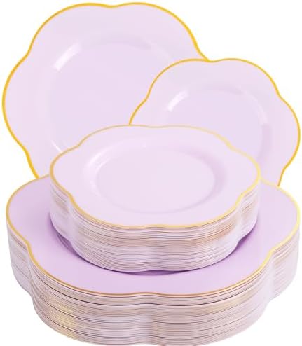 Liacere 50PCS Purple Plastic Plates-Heavy Duty Lavender Purple Disposable Plates-Purple Gold Plastic Plates-25PCS Purple Dinner Plates,25PCS Purple Dessert Plates for Party & Baby Shower ＆ Wedding by Liacere