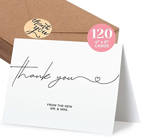 120 Heavyweight Blank Wedding Thank You Cards with Envelopes, Personalized Greetings Gratitude Letter From The New Mr and Mrs, Wedding Thank You Notes with Envelopes & Stickers (4x6 Inches) (120 Pack) by Durabasics