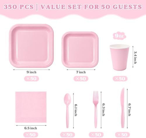 Vyntra 350 Pcs Pink Square Paper Plates and Napkins Set, Serves 50 - Image 2