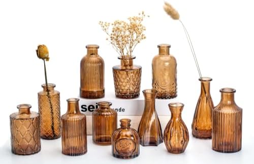 Mini Bud Vases Centerpieces for Tables,Clear Bud Vases for Flowers,Small Flower Vases Suitable for Birthday Party,Anniversary,Wedding Reception,Baby Shower (Amber, 12PCS) by Unknown