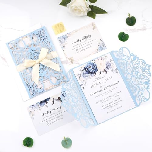 50pcs Light Blue Wedding Invitation Kit Laser Cut Invitations Pocket Card - Image 7