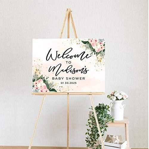Andaz Press Custom Large Baby Shower Canvas Welcome Sign, 16 x 20 Inches, Pink Hibiscus Tropical Palm Leaves, Guestbook Alternative, Personalized Sign Our Canvas, Tropical Baby Shower, Baby Sprinkle - Image 2