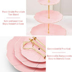 DUJUST Luxury Larger 3-Tier Cupcake Stand Tower, British Style Porcelain Serving Tray with Golden Trim, Food Grade Dessert Display Stand for Tea Party & Home Décor - 45% Pink Larger Plates - Image 5