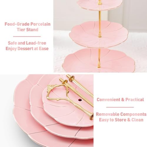 DUJUST Luxury Larger 3-Tier Cupcake Stand Tower, British Style Porcelain Serving Tray with Golden Trim, Food Grade Dessert Display Stand for Tea Party & Home Décor - 45% Pink Larger Plates - Image 5