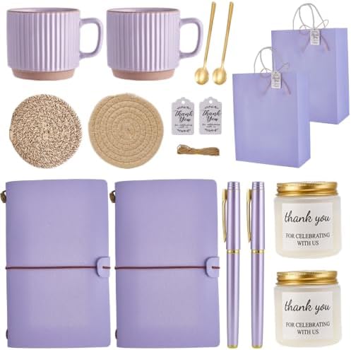 Baby Shower Prizes for Game Winners Baby Shower Games Prizes Ceramic Mugs with Metal Spoons Woven Coasters Notebooks Scented Candles Gift Bags Wedding Bridal Shower Favors for Guests (2, Purple) by WishFond