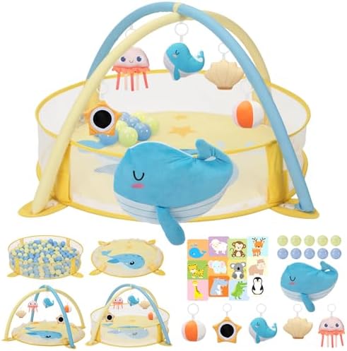 7-in-1 XL Large Baby Play Gym Mat, Tummy Time Mat, Baby Gym & Ball Pit, Baby Activity Mat with Milestone Cards & 6 Detachable Toys for Sensory Motor Skill, Whale by Unknown