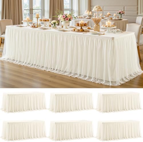 6 Pack Ivory Tablecloth for 6 Foot Rectangle Tables with Tulle Table Skirt by PartyTalk