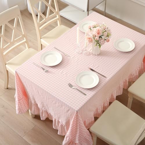 Blush White Gingham Ruffled Table Cloth Rectangular 120“x60” - Image 4