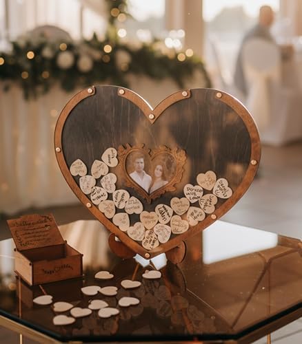 RIZONE Rustic Wedding Guest Book, Heart Drop Guest Book, Personalized Wedding Guest Book Alternative, Heart Frame Wedding Guest Book, Guest Book Sign, Wedding Decor, Wooden Drop Box (oak-ebony50) - Image 4