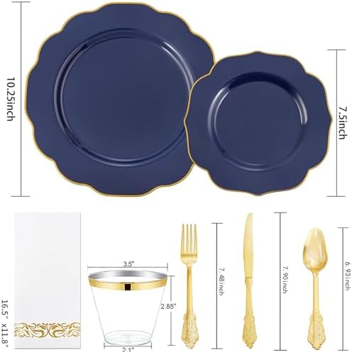 NOCCUR 175PCS Blue Plastic Plates with Disposable Silverware - Include 50 Blue Disposable Plates with Gold Rim,75 Gold Cutlery,25 Cups,25Napkins for Party/Wedding/Graduation/Independence Day - Image 2
