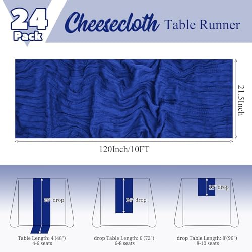 24 Pack Royal Blue Table Runners 10Ft Cheesecloth Table Runner Rustic Gauze Table Runner Romantic Long Sheer Fabric Cheese Cloth Table Runner for Wedding Party Bridal Baby Shower - Image 2