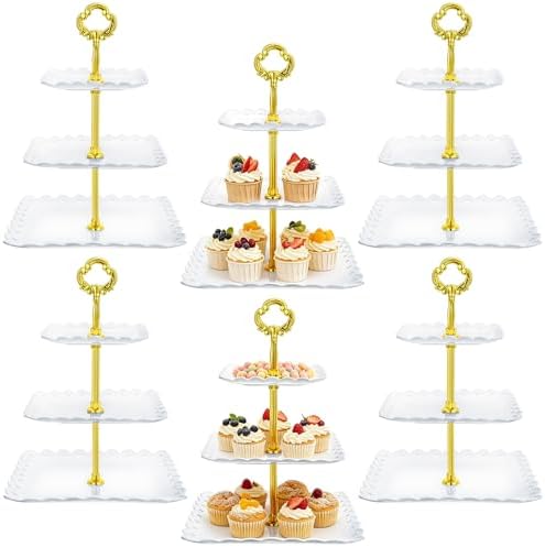 6 Sets of 3 Tier Tea Party Cupcake Stand, White Plastic Cupcake Dessert Plates Square Display Trays for Cake Fruit Candy Display Tower for Wedding Birthday Baby Shower Decorations by Gandeer