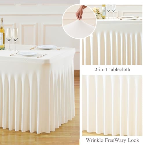 Ivory Table Cloth for 6 Foot Rectangle Tables Fitted Stretch Spandex Table Cover with Skirt 6ft Baby Shower Birthday Party Banquet Ruffle Cream Tablecloth Wedding Table Cloths Desk Skirt, 2 Pack - Image 5