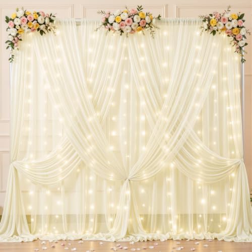 20x10ft Beige Tulle Backdrop Curtains with Lights String for Parties,Wrinkle Free Sheer Curtain with Lights Wedding Photo Backdop Drapes for Baby Shower Birthday Party Photography Home Decorations by PartyTalk
