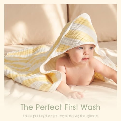 Organic Muslin Hooded Baby Bath Towel 4-Pc Newborn - Yellow Stripe - Image 2