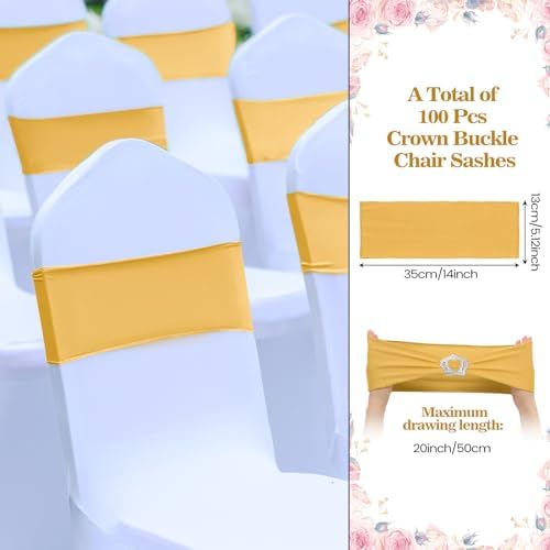 VitalCozy 100 Pcs Spandex Chair Sashes with Crown Buckle,Light Gold - Image 2