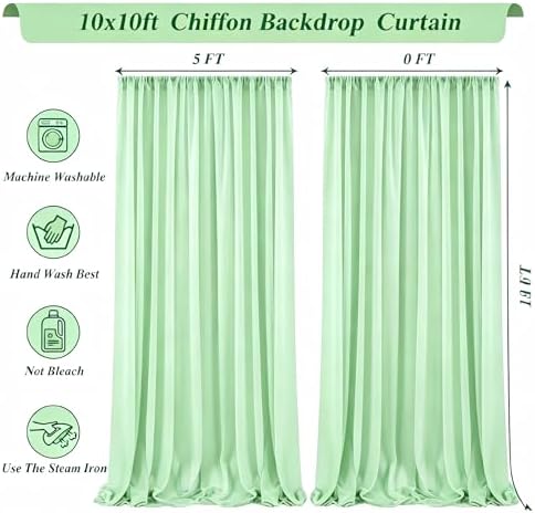 Shillance 10x10ft Sage Green Chiffon Backdrop Curtain with Lights String for Wedding Sheer Tulle Curtain Photo Backdrops Drapes for Baby Shower Birthday Party Ceremony Decorations - Image 5