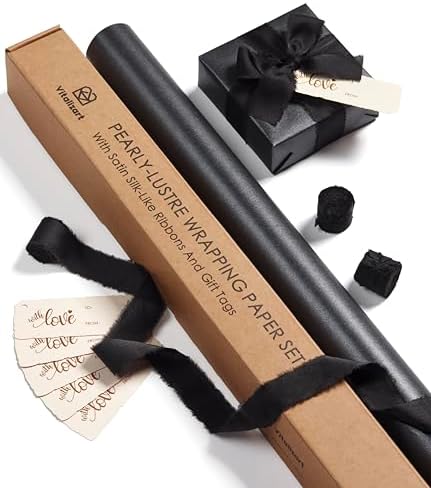 Vitalizart Black Wrapping Paper Set 30" Pearly-Lustre Ribbons & Gift Tags by Vitalizart