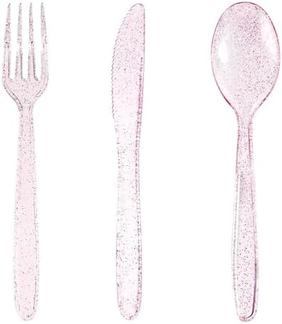 WDF 360 Pink Glitter Plastic Silverware - Disposable Glitter Cutlery - Plastic Silverware inluding 120 Forks, 120 Spoons, 120 Knives for Pink Birthday,Baby Shower by WDF