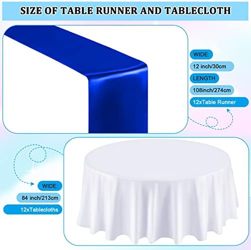 Queekay 24 Pcs 84'' Round Plastic Tablecloth 12 x 108'' Satin Table Runners Set White Plastic Table Covers Round Waterproof Cloths for Wedding Party Decor Baby Shower Birthday(Royal Blue) - Image 2