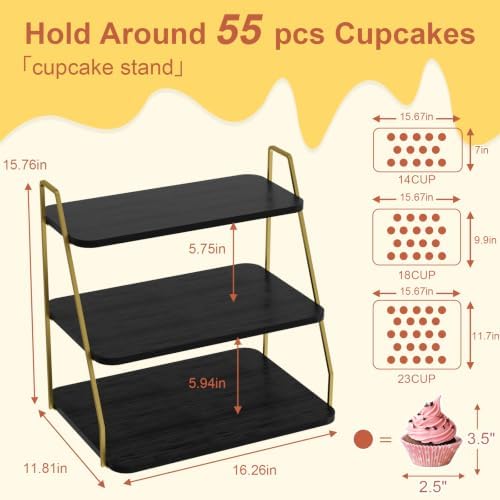 VyGrow Cupcake Stand, 3-Tier Dessert Stand for 55 Cupcakes, Wood & Metal Tower Display Premium Holder Dessert Tree Tower for Christmas Birthday Weddings Party Decor, 16.26" L x 11.81" W x 15.76" H - Image 3