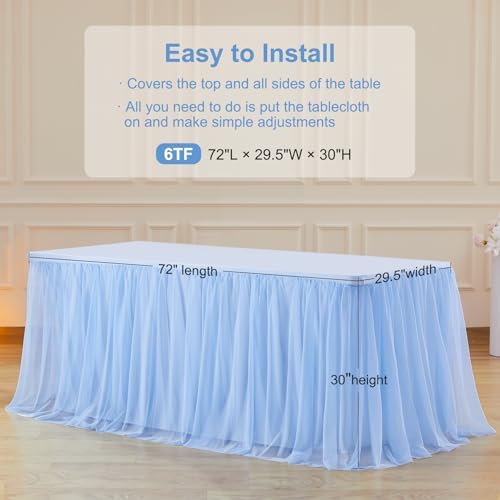 Baby Blue Tablecloth for 6 Foot Rectangle Table, Light Blue Tablecloth Tulle Table Skirt Baby Shower Table Cover 6 Foot Tables Desk Skirt Party Wedding Banquet Elastic Stretch Ruffle Fitted Tablecloth - Image 5