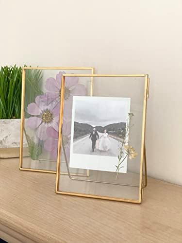 Beedecor Double Glass Frame for Pressed Flowers, Leaf and Artwork Set of 3 Pressed Flower Frames with Stand - 6x6, 5x7 and 6x8 Gold Standing Square Metal Picture Frames, Tabletop Clear Floating Pressed Glass Frame, Home Decor Photo Display (Gold, Set o... - Image 3